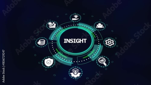 Data-driven business insight visualization featuring digital intelligence icons and analytical elements enhancing strategic decision processes.