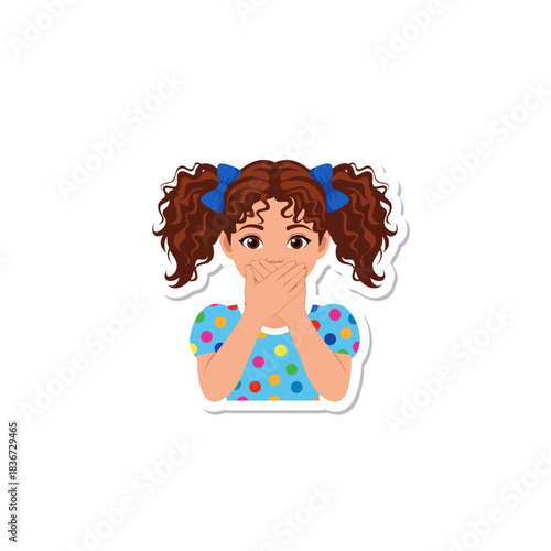 Young Girl With Brown Curly Pigtails Wearing A Blue Polka Dot Dress With Red Blue Yellow Green White Circles Covers Her Mouth In A Shocked Or Secretive Gesture On A Black Background