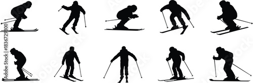 Skiing silhouette vector illustration set of people skiing in winter sports action poses for outdoor adventure and mountain design.