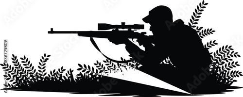 Silhouette of armed soldier sniper aiming through rifle scope while kneeling in camouflage bushes, military combat operation vector illustration design
