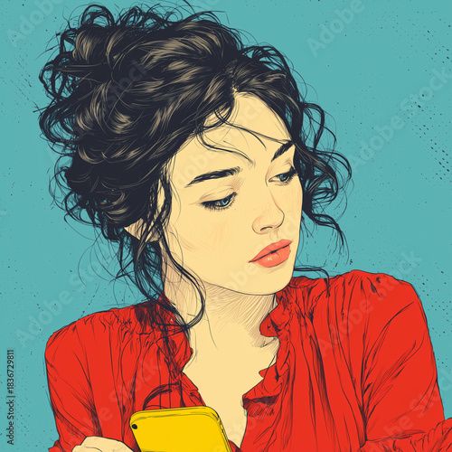 A woman with curly hair is holding a yellow cell phone. The image has a bright and cheerful mood, with the woman's red shirt and the yellow phone adding a pop of color to the scene
