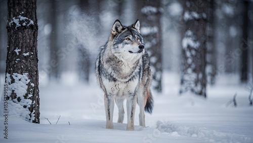 Majestic Gray Wolf (Canis lupus) Standing Alertly Between Snow-Covered Trees in a Winter Forest Looking Up and to the Right