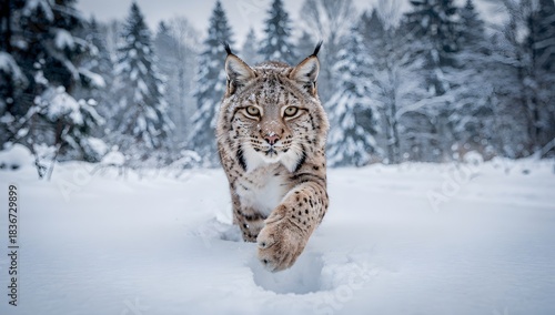 Intense Winter Wildlife Scene The Fierce Gaze of a Wild Lynx Staring Straight Ahead While Stepping Through a Snow-Covered Landscape