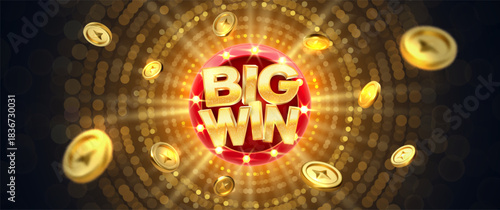 Win congratulations. Casino Big Win Banner With Golden Coins And Glowing Jackpot Style Design on Blur Glowing Background. Winning Elements. Vector Illustration.