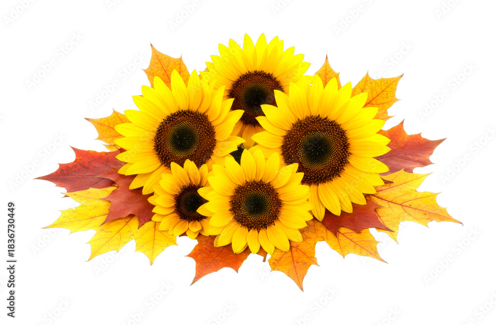 Fototapeta premium Five vibrant yellow sunflowers and colorful autumn leaves are beautifully arranged in a cheerful display, showcasing the warm hues of the harvest season with bright, natural light