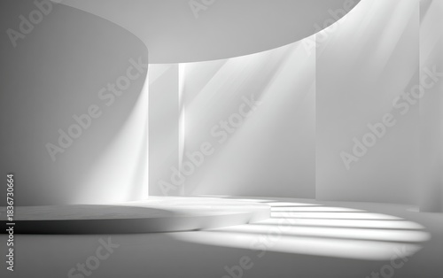 Abstract white architectural interior with smooth curves and light beams