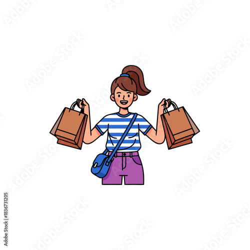 Young Woman With Shopping Bags And Shoulder Bag Wearing Striped TShirt And Purple Pants Against Black Background