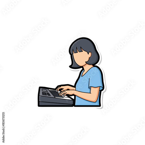 Young Woman Playing Electronic Keyboard with Blue Shirt and Short Dark Hair in Side Profile on Black Background