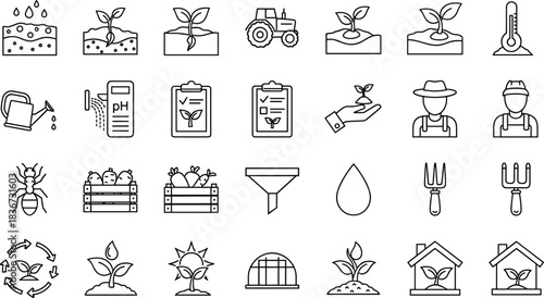 Agriculture, Farming, and Gardening Line Icons Set, Cultivation, Growth, Soil Analysis, Greenhouse, Harvesting, Watering, Temperature, and Farm Worker Outline Symbols.