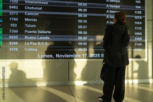 La mujer mayor está revisando la cinta de vuelos del aeropuerto en la Ciudad de México.
