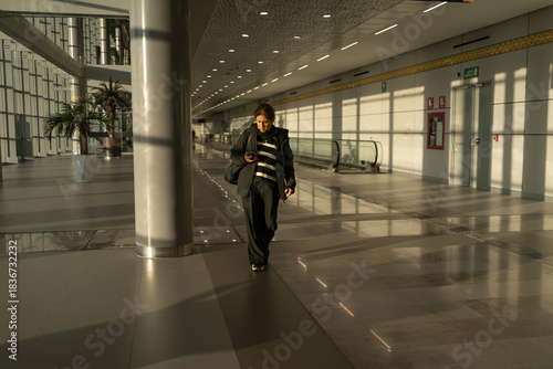 La mujer mayor está mirando su teléfono celular y va caminando por el pasillo principal del aeropuerto en la Ciudad de México.