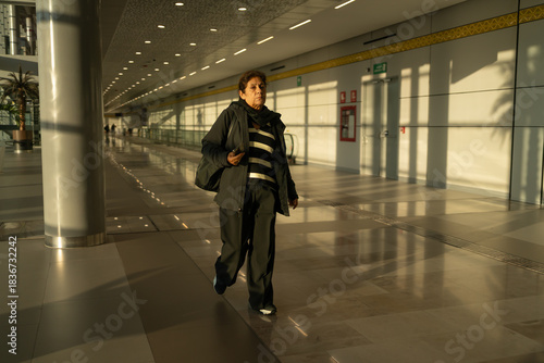 La mujer mayor está caminando por el pasillo principal del aeropuerto en la Ciudad de México.
