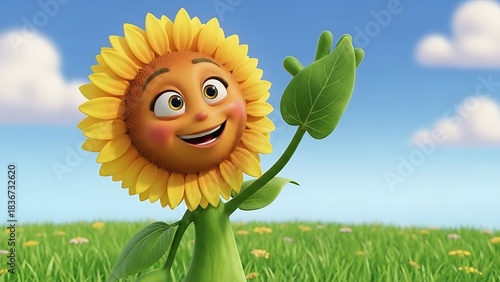 A cheerful animated sunflower character with a smiling face waving a leaf hand in a sunny green field.