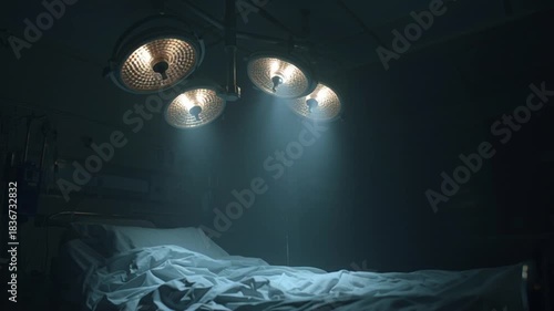 Eerie Operating Room Scene with Surgical Lights Over Empty Bed.