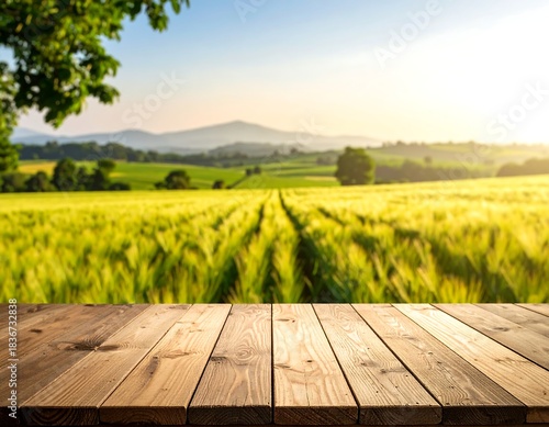 Wooden table foreground with a sunny field and mountains backdrop