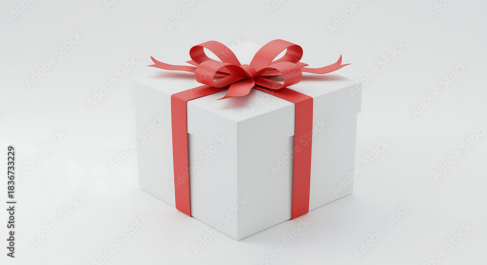 Fototapeta premium White gift box with red ribbon and bow present celebration holid