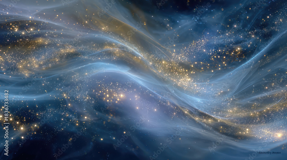 Naklejka premium An abstract cosmic composition with soft streams of blue and golden hues, reminiscent of nebulae and stardust.