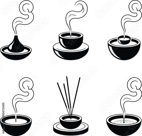 Collection of six hand drawn illustrations of incense burners and diffusers releasing smoke