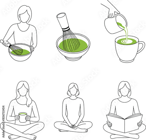 Collection of line art illustrations depicting matcha preparation and mindful relaxation activities