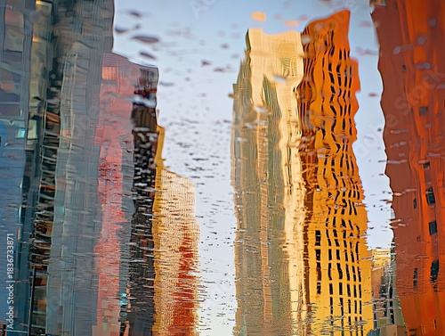 Cityscape reflection, distorted buildings, puddle, urban, background sky, architecture photography