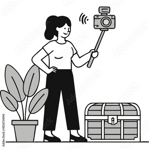Smiling Woman Filming with Selfie Stick and Camera Next to Treasure Chest and Potted Plant on Gray Background