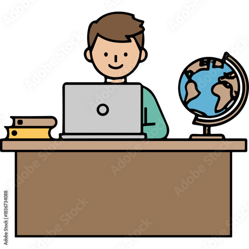 Smiling Young Boy Sitting At A Desk With A Laptop And Globe Representing Education And Learning In A Classroom Setting
