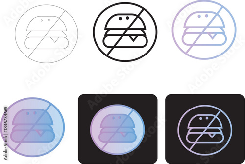 Minimalist icons depicting a forbidden burger, suitable for use in dietary or food restriction contexts