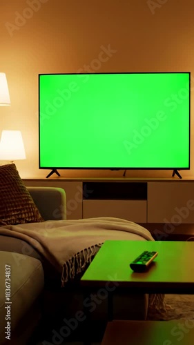 Chroma Key Television with man watching in living room evening young guy sitting on sofa against tv green screen back view male person switching channels using remote controller distortion, overlay