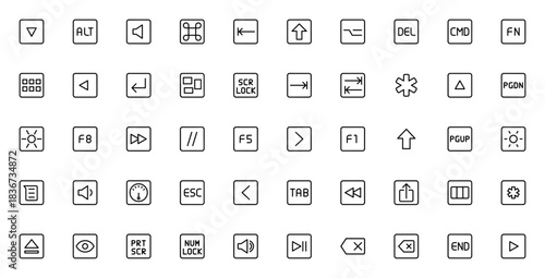 Keyboard icon set. Minimal vector key symbols collecion. Includes keys like Al, Delete, Command, Functio, Shift, Tab, Arrow, Volum, Brightness, F1-F8 and moe. Editable stroke.