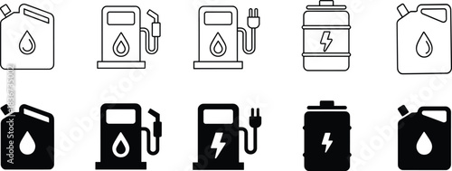 Fuel and energy icons including jerrycan, gas pump, hybrid station, electric charger, and battery in outline and solid styles.