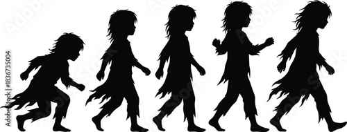 Evolution, transformation, walking silhouette, rugged figure, wild man, motion sequence, tattered clothing, disheveled hair, upright posture, crouched stance, dynamic movement