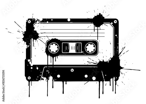 Retro audio cassette tape silhouette with grunge ink splatters and dripping paint vector