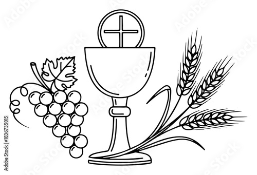 First Holy Communion symbols with chalice host grapes and wheat ears line art vector