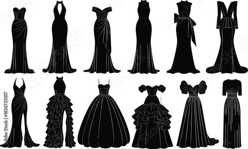 evening gown collection, fashion illustration, black dress design, elegant silhouettes, runway style, couture sketch, stylish outfits, designer inspiration