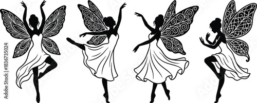 Fairy silhouette, fantasy wings, ballet pose, magical creature, elegant dance, mythical art, graceful movement, ornate design, enchanted figure, whimsical style