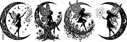 Fairy silhouette, crescent moon, magical wings, fantasy art, celestial design, enchanted forest, mystical stars, whimsical nature, moonlight charm, dreamscape
