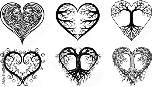 Heart-shaped tree and vine designs in black silhouette, botanical vector art for nature, love, growth, environment, and romantic themes.