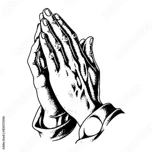 Praying hands in vintage woodcut engraving style vector