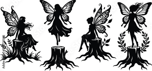 Fairy silhouette, magical forest, whimsical wings, enchanted nature, fantasy art, tree stump, mystical pose, black and white, woodland charm, ethereal beauty