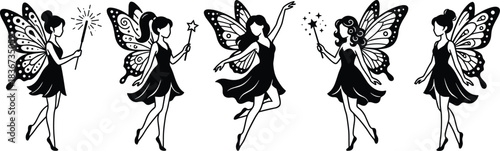 Fantasy fairy silhouette, magical wings, elegant pose, wand sparkles, enchanted dance, mystical charm, graceful movement, whimsical art, black vector, illustration