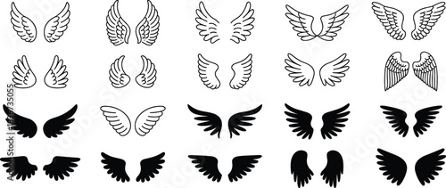 Set of 20 Stylized Wing Icon Designs in Outline and Silhouette for Tattoo, Fantasy, Logo, Angel, Abstract, and Gothic Themes