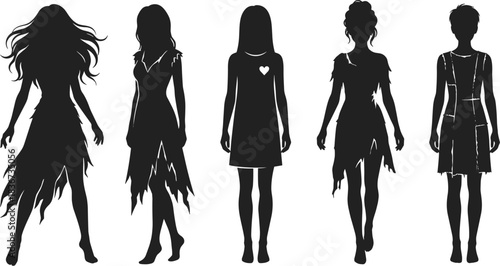 Fantasy female silhouettes, gothic fashion, tattered dresses, stitched clothing, character design, dark style, mysterious women, costume concept, eerie elegance, shadow art