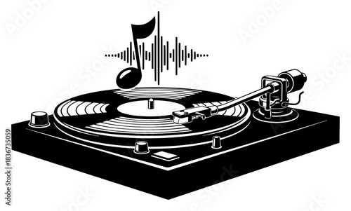 Retro vinyl record player turntable with musical note and sound wave vector