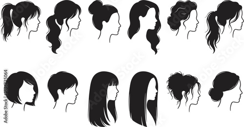 Female hairstyle silhouette collection, black profile icons, diverse haircuts, fashion beauty concept, elegant women head illustrations for design reference