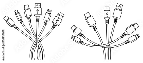 Set of universal USB charging cable connectors including Type-C Lightning and Micro USB line art vector