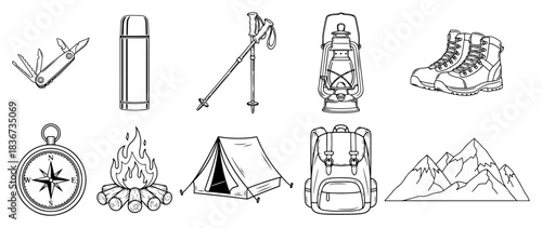 Camping and hiking equipment icons set including tent backpack compass and mountains line art vector