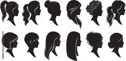 Female hairstyle silhouette, black profile, diverse haircuts, ponytail, bun, curly, short, long, fashion, beauty, elegant, trendy, stylish, modern, woman, head, icon, vector, design, isolated