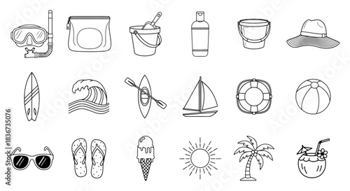 Summer beach vacation icons set including surfboard palm tree and sunglasses line art vector