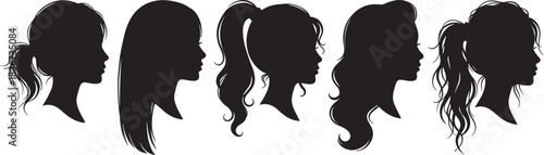 Female hairstyle silhouette, black profile, ponytail, curly hair, wavy strands, fashion design, beauty concept, vector art, elegant women, hairstyle reference