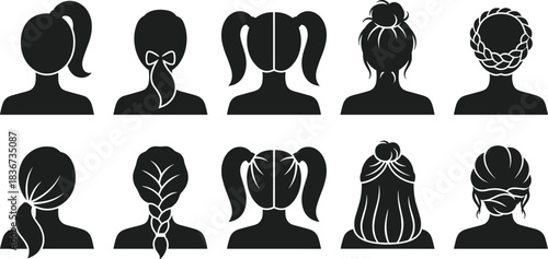 Female hairstyle silhouette, ponytail, bun, braid, pigtail, back view, hair design, fashion, beauty, elegant, trendy 
